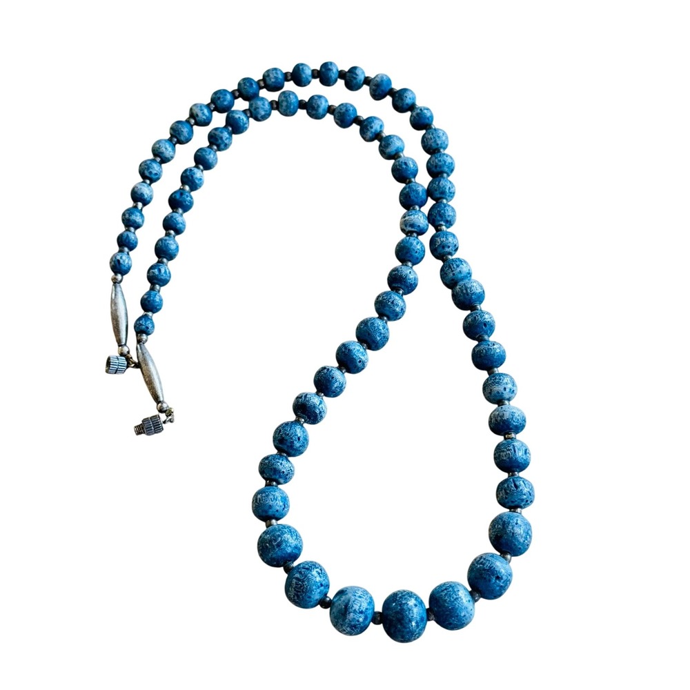 VTG Blue Sponge Coral Beaded Necklace BOHO Genuine Real Round Beads 58g 27"